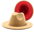 Close-up of wool fedora hat with camel exterior and vibrant red underbrim detail - Camel + Red