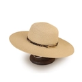 Detail of wide brim straw hat featuring leopard print ribbon and gold buckle - M (56-58cm) / Leopard Belt Wide Brim Style / Beige