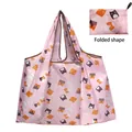 Pink foldable oxford shopping bag with cute cartoon cat patterns and durable brown trim - Pink Cartoon Cat
