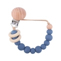 Navy blue silicone beads and natural beech wood ring pacifier clip for baby teething - Dark Blue