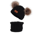 Winter kids black knit hat and neck warmer set with dual brown faux fur pom-poms - One Size / Black Zirconia Set