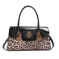 Retro shoulder bag with black crocodile texture and leopard print panels - Leopard Khaki