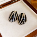 Oval zebra pattern earrings in gold with black enamel and white crystal inlay - Black Geometric Oval (67#)