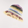 Colorful oil painting style gradient knit bucket hat with yellow faux fur trim - M / Yellow