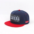 Detail of navy blue and red flat brim cap with parental advisory patch and embroidery - Adjustable / Red Brim Navy Hat