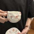 Hand-painted ceramic coffee cup with pink cherry blossom and red cherry patterns - Large Flower Little Cherry