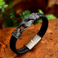Vintage black braided leather bracelet with engraved silver-tone metal clasp for men - 18cm / Double Rope Antique Black