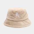 Warm beige faux fur bucket hat featuring a stylish white embroidered letter A detail - Khaki