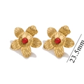 Detail of flower stud earrings in 18K gold finish with red bead center, size 23.5mm - Gold Malachite