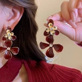 Deep red floral earrings with gold edges and central sparkling zircon studs - Deep Red Enamel Flower With Rhinestone (6#银针滴油花朵镶钻耳环)