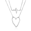 Silver layered necklace featuring heartbeat and heart charms with a polished finish - Silver Tone Double Layer Heartbeat Heart Pendant (White K M-025)