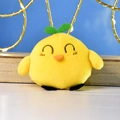 Close-up of a cute yellow chick plush pendant featuring a green sprout and smiling face. - Squinting Style / Metal Bead Chain / Yellow
