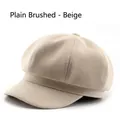 Classic beige brushed octagonal beret hat for women with a minimalist plain design - Beige