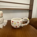 Hand-painted ceramic coffee mug with colorful floral patterns and unique irregular handle - White with Large Floral Single Mug / Single Cup