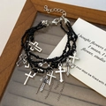 Gothic multi-layer black beaded bracelet with silver cross pendants and lobster clasp - White K Black Cross (3069)