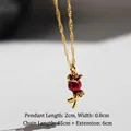 Vintage 3D red enamel rose pendant necklace in gold-plated brass with adjustable wave chain - Rose Bud Style (Style 1)