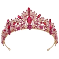 Exquisite gold bridal crown with pink crystals and leaf design on white background - Gold Pink Rhinestone Crystal