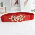 Elastic red dress belt featuring a decorative golden leaf buckle on a white background - Red