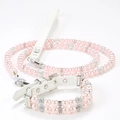Pink faux pearl pet collar and leash set with sparkling rhinestones and leather buckle - White with Pink Pearls