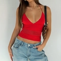 Sexy Y2K red halter neck top with lace splicing and V-neckline for women summer style - XS / Red