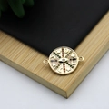 18K gold plated celestial eye connector charm with colored stones on a dark wood background - Eye Moon Star Retro Style