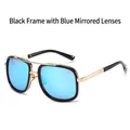 Retro square aviator sunglasses featuring black frames and blue mirror lenses - Black Frame Blue Mirrored Lens