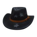 Classic black felt cowboy hat with grey star patterns and a brown leather belt strap - One Size (M) / Black