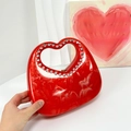 Red heart-shaped evening bag with marble texture resin and rhinestone handle - Red