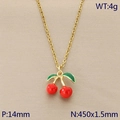 Golden cherry necklace with red pendant and green leaf detail for women - Mini Simple Cherry Style (KN292078-Z)