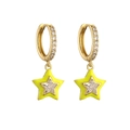 Detail of neon yellow star earrings with gold plating and sparkling zircon stones - Yellow