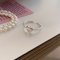 Adjustable silver ring with heart-shaped pink stone inlay and feminine minimalist design - Adjustable Open / Pink and White Heart Style (J3093)