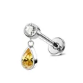 Macro detail of F136 titanium labret stud with a teardrop yellow zircon pendant - 1.2*6mm / Titanium Color + Golden