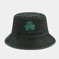 Detailed view of green clover embroidery on vintage washed denim fisherman bucket hat - One Size / Army Green