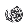Punk style enamel pin featuring a black skeleton cat with white flowers and moon - Curled Floral Skeleton Cat Style (XZ5988)