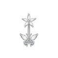 Dettaglio del piercing all'ombelico in argento con fiore di zircone e farfalla - 2787 Farfalla Fiore Color Acciaio