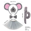5-piece grey mouse costume set including large ears headband, tail, and tutu skirt - Gray Mouse Headband, Nose, Bow Tie, Tail, and Tutu Skirt