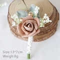 Vintage brown artificial rose boutonniere for wedding with gold beads and green leaves - Coffee