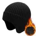 Winter thermal knit trapper hat in black with thick plush lining and windproof earflaps - Fleece Lined Style / Black