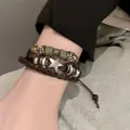 Retro multi-layer woven leather bracelet featuring silver metal beads and a star charm - Star / Army Green