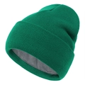 Detailed macro view of the warm gray fleece lining inside the green knitted winter beanie - Dark Green