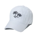 Close-up of black coconut tree and SUMMER embroidery on white cotton baseball cap - White