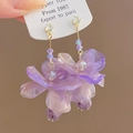 Close-up of purple resin flower earrings with dangling pearls and crystal beads - Purple Flower (2# Silver Pin)