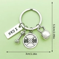 Silver fitness keychain with dumbbell, kettlebell and barbell charms featuring I CAN engraving - LS184-I CAN