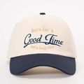 Navy and cream baseball cap with 'Good Time' embroidery for outdoor casual sun protection - One Size / Cream/Navy Blue