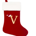 Calza di Natale rossa in maglia con bordo in peluche e lettera V dorata glitterata - Lettera V / Grigio
