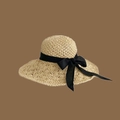 Handmade beige straw sun hat for women with elegant black ribbon bow decoration - L (58-60cm) / Black Ribbon Bow Beige
