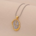 Close-up of gold irregular pendant with letter L and crystal inlay on silver bead chain - Letter L