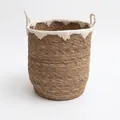 Handwoven rattan storage basket with white lace edges and handles for home organization - Cylindrical Large / Diameter 37cm x Height 45cm