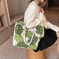 Canvas tote bag with green monstera leaf print and thick cotton rope handles - Green