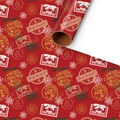 Red Christmas wrapping paper featuring vintage Santa Claus stamps and holiday greetings - Red Christmas